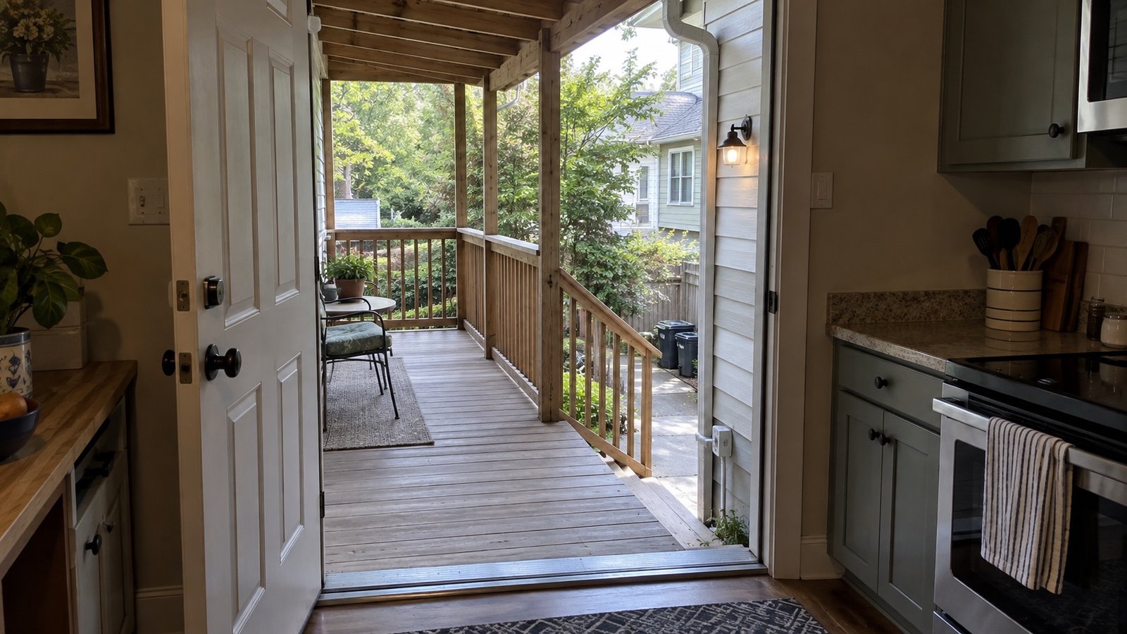Open kitchen door leading onto a covered wooden porch with steps down to a paved side yard.
