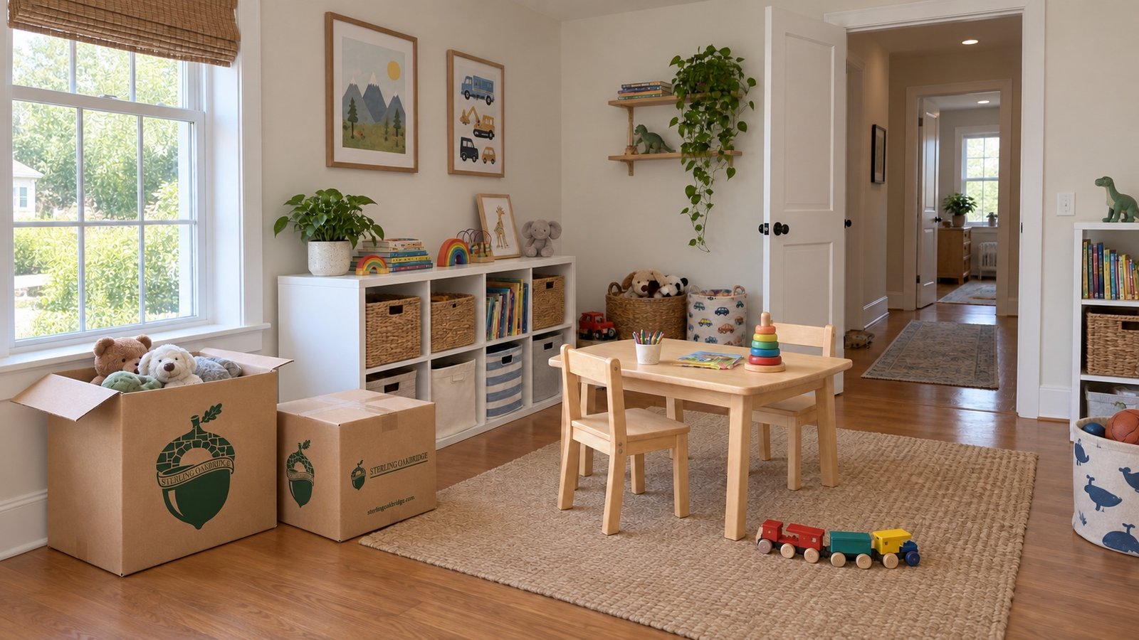 Playroom with low toy storage, a child-size table and chairs, an open medium carton and a smaller closed branded carton.