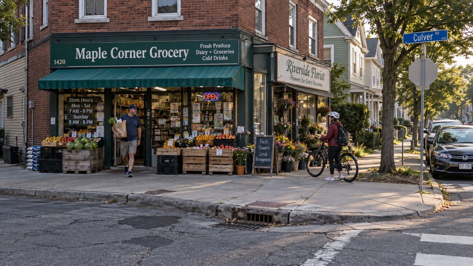 A small corner storefront beside brick and clapboard buildings on a neighborhood street.