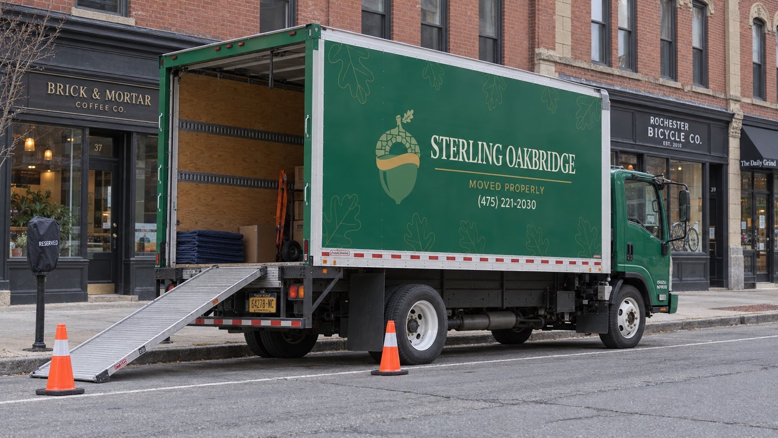 A dark green moving truck with an open rear door and a ramp at a downtown metered curb.