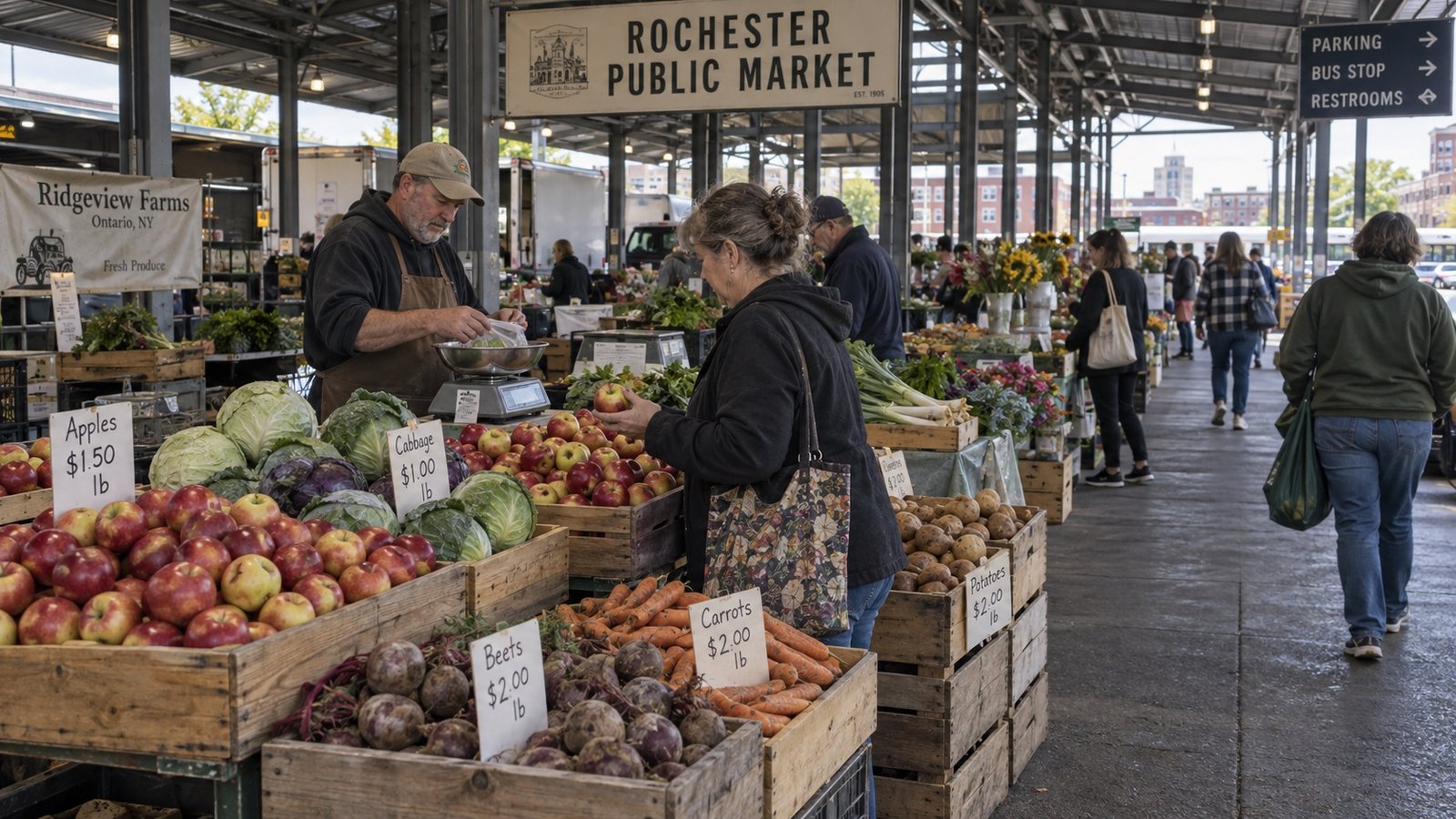 Open-sided market sheds with shoppers and produce stalls under a roof.