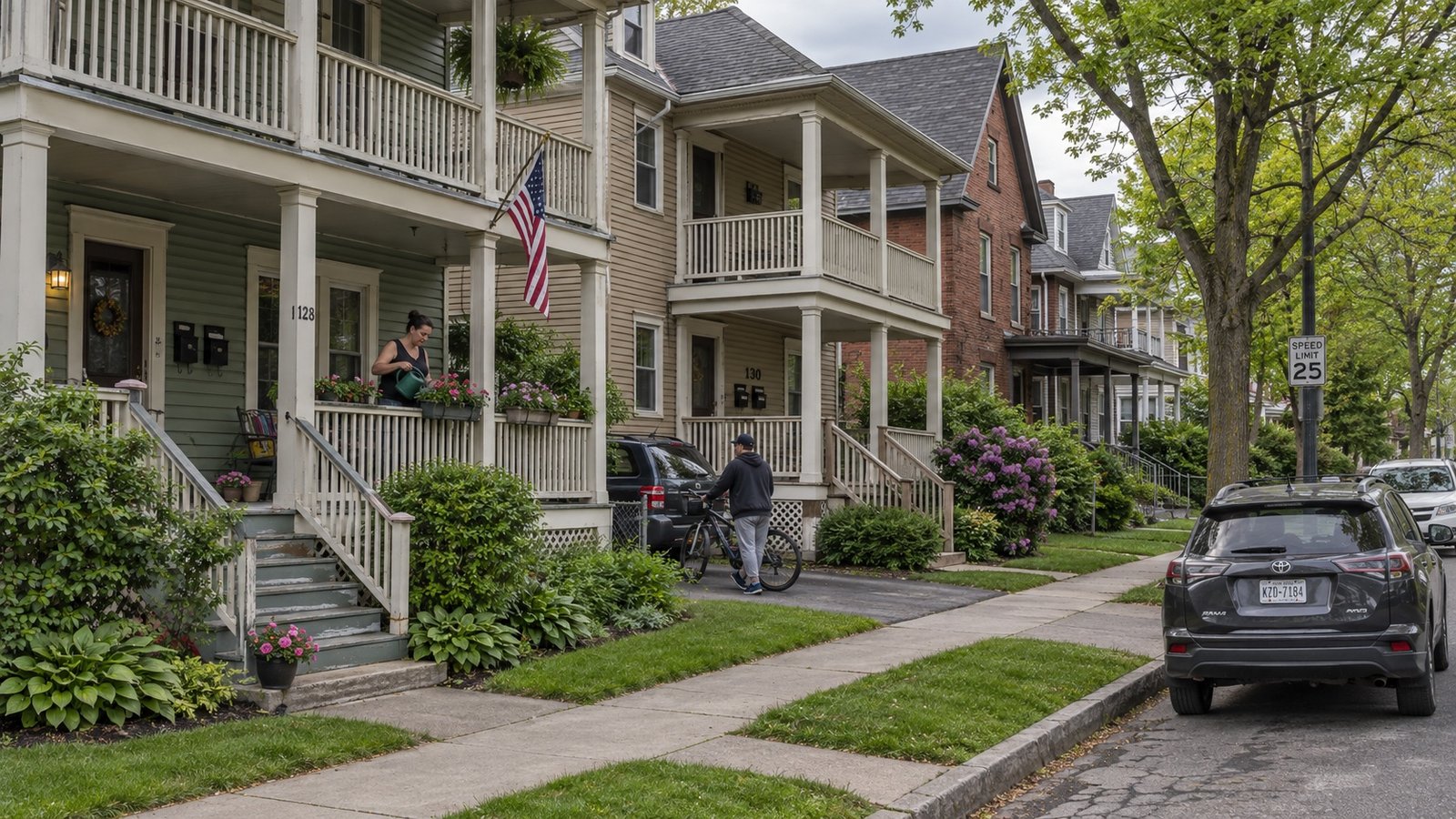 A residential street of older two-family frame houses with stacked porches and mature trees.