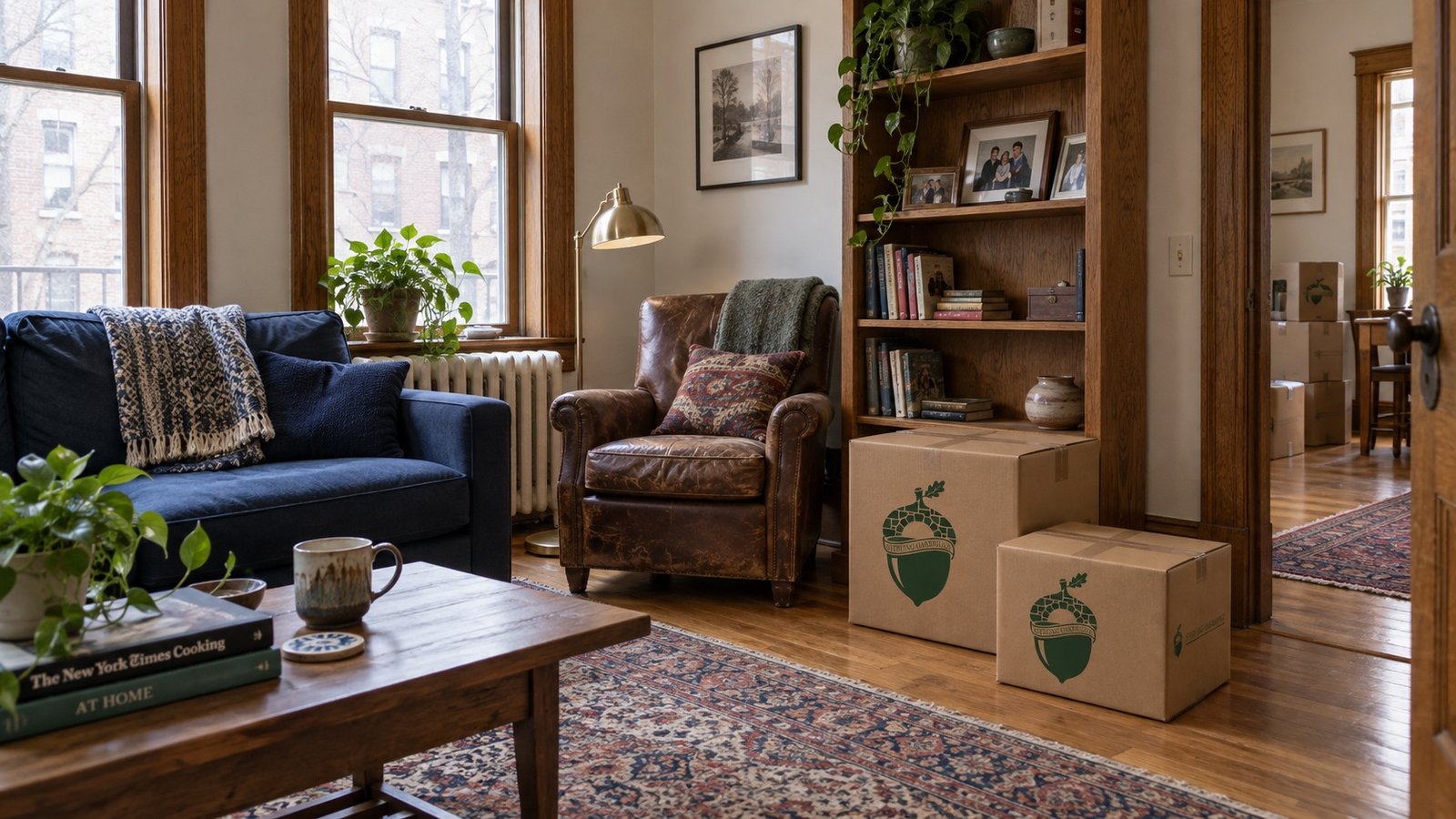 An older Rochester apartment living room with tall windows, furniture and sealed branded moving cartons.