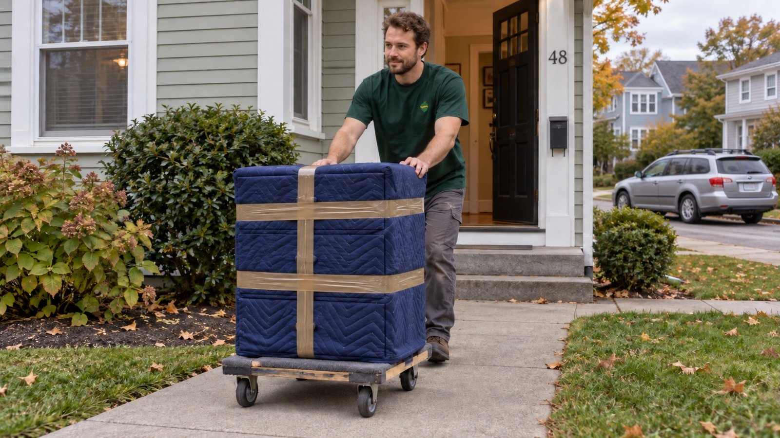 Mover rolling a securely padded dresser on a furniture dolly outside an open house entrance