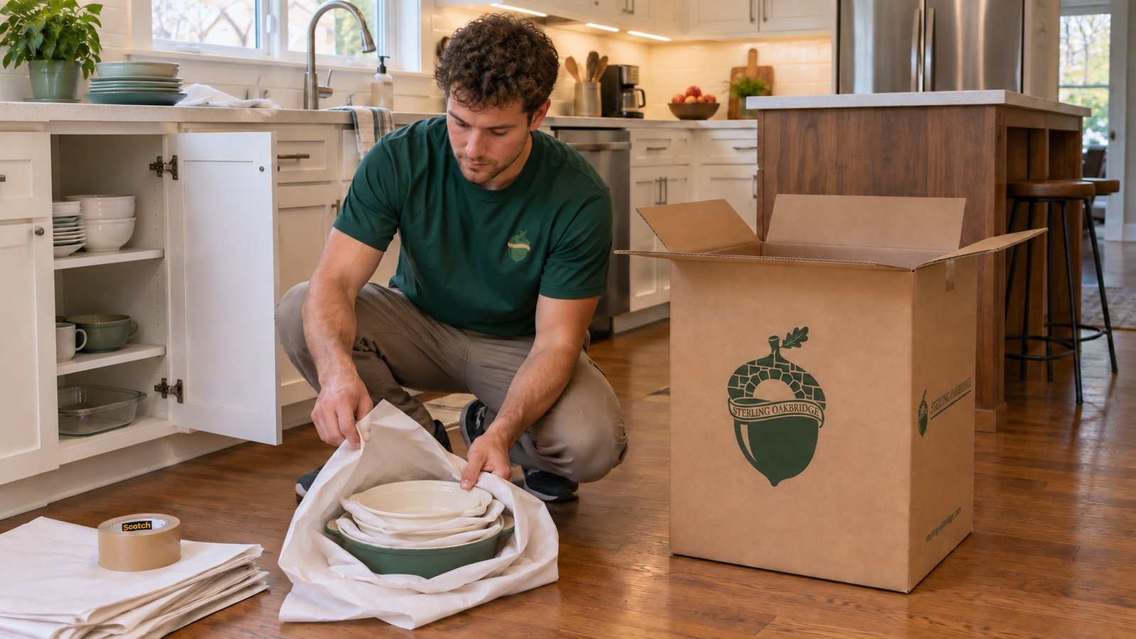 A Sterling Oakbridge mover kneels beside a lower kitchen cupboard, separating ceramic dishes with packing paper beside a branded China carton.