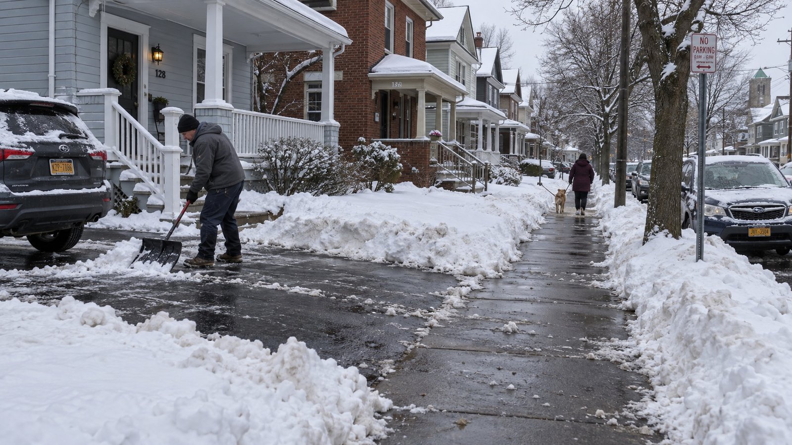 A residential street after a heavy snowfall with plowed piles along the curb.