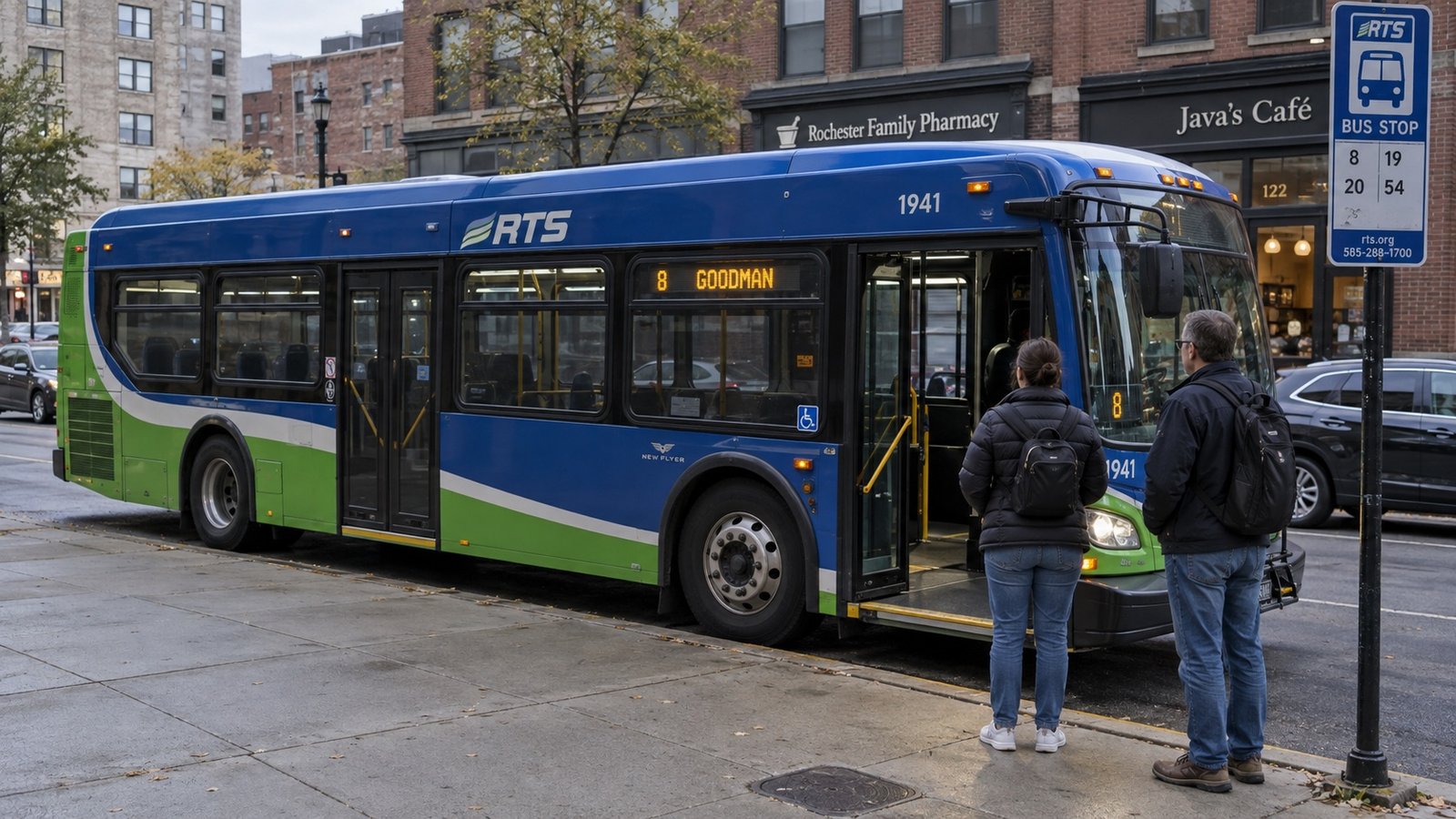 Rochester-style transit bus with two axles and passenger doors opening toward the sidewalk
