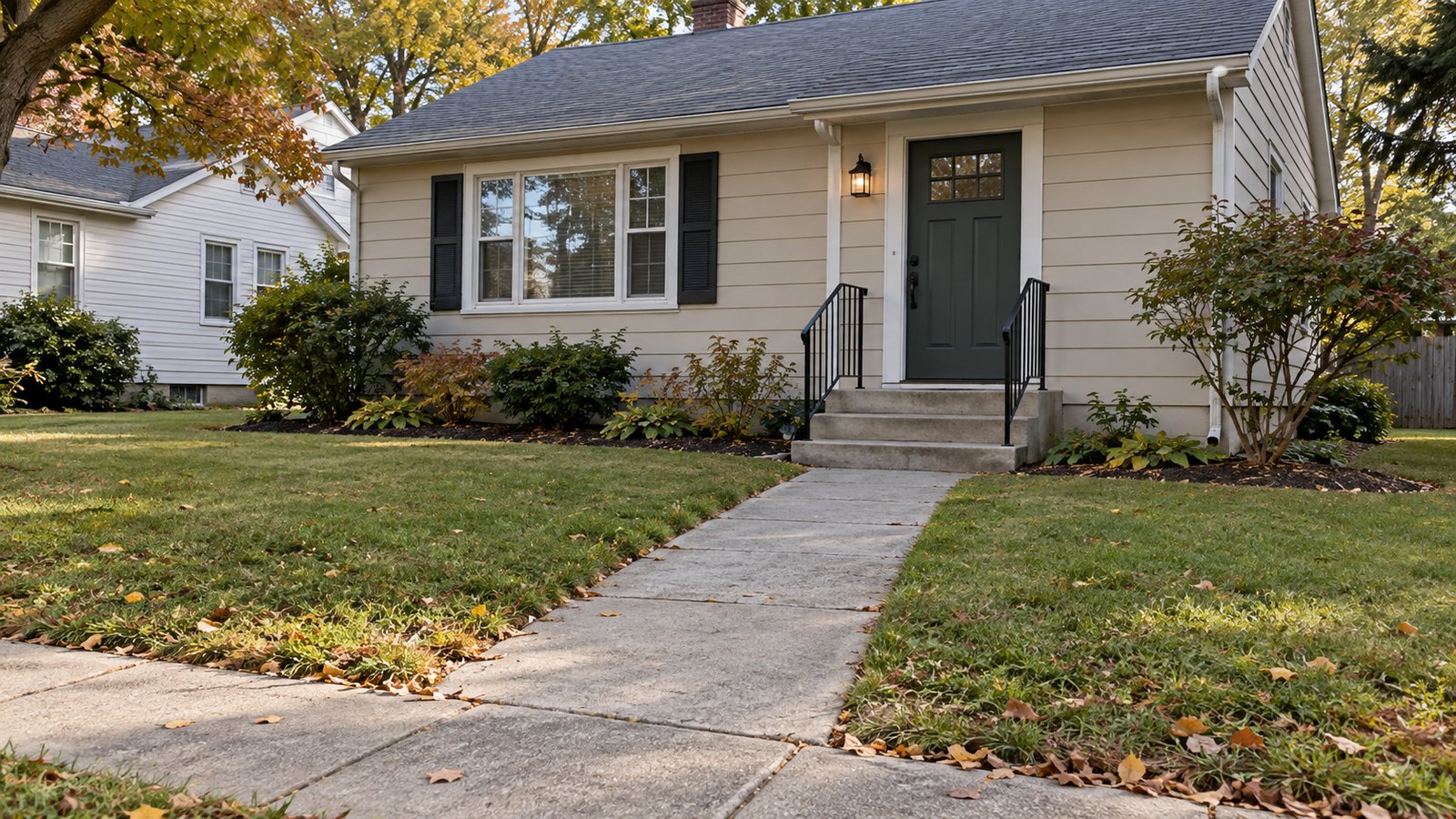 Front walk and entry steps Short concrete front walk and railed steps leading to a single cottage front door