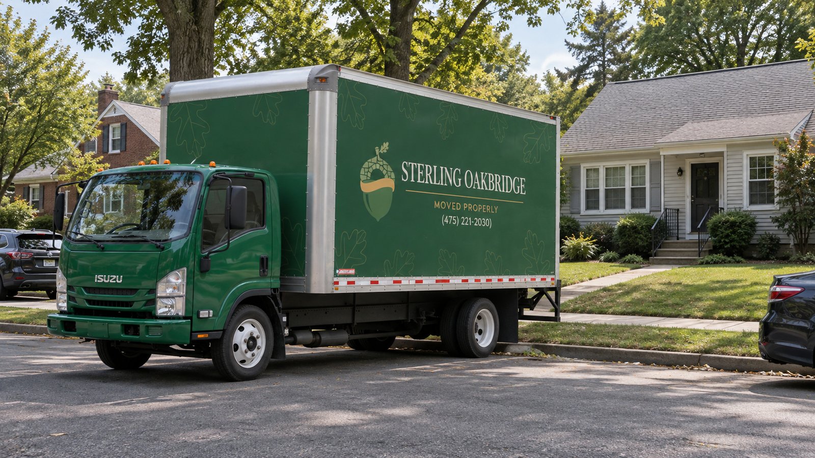 Truck beside an older detached home Green Sterling Oakbridge box truck on a residential street beside a low detached home