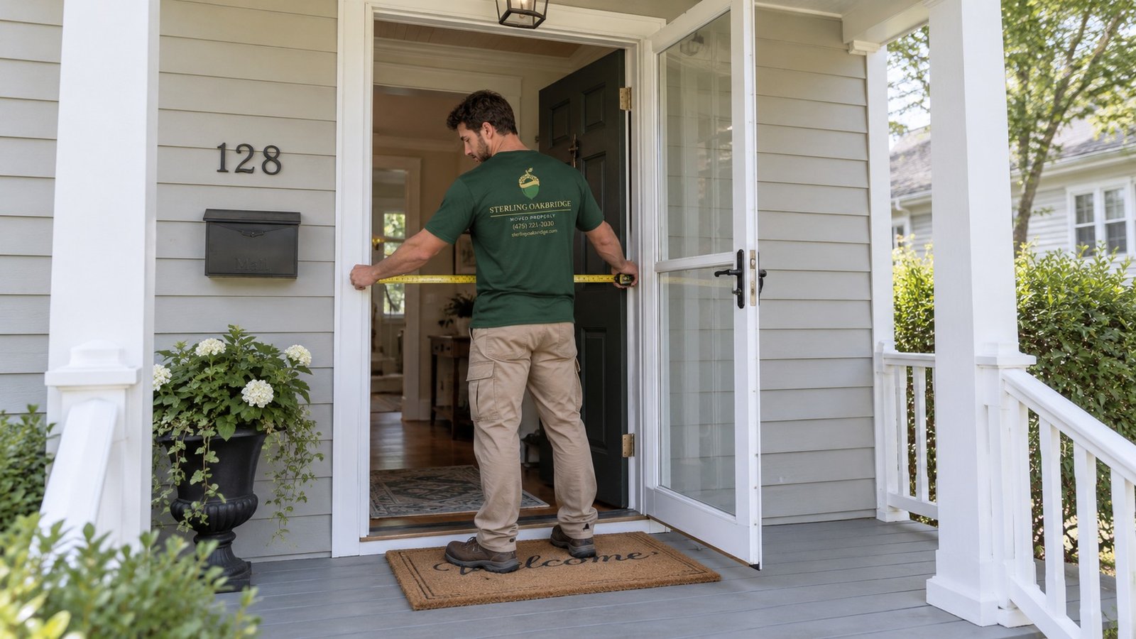 Measure the actual entry A male mover in a green company shirt measuring a full open doorway with a horizontal tape.