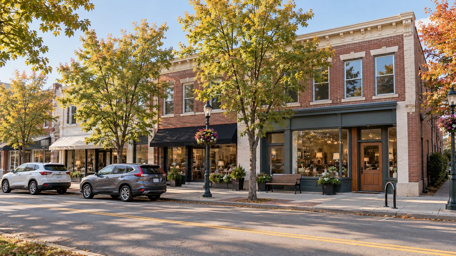 Low brick storefronts, complete parked cars, trees, a bench and a separate sidewalk.