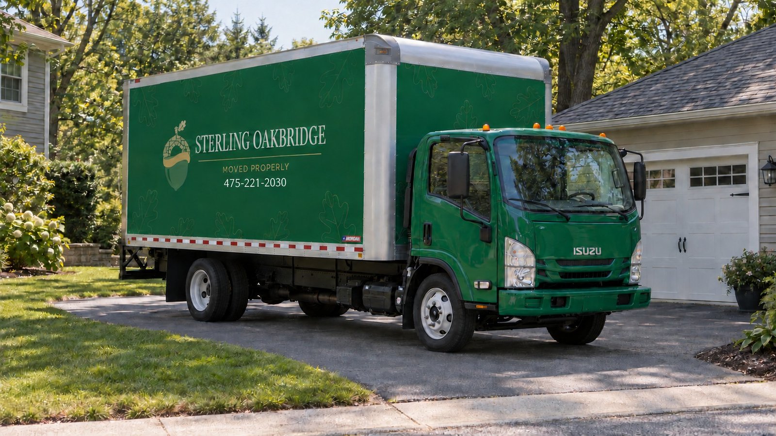 Check vehicle standing and departure A complete green Sterling Oakbridge Isuzu NPR16 truck standing on a paved driveway beside a detached garage.
