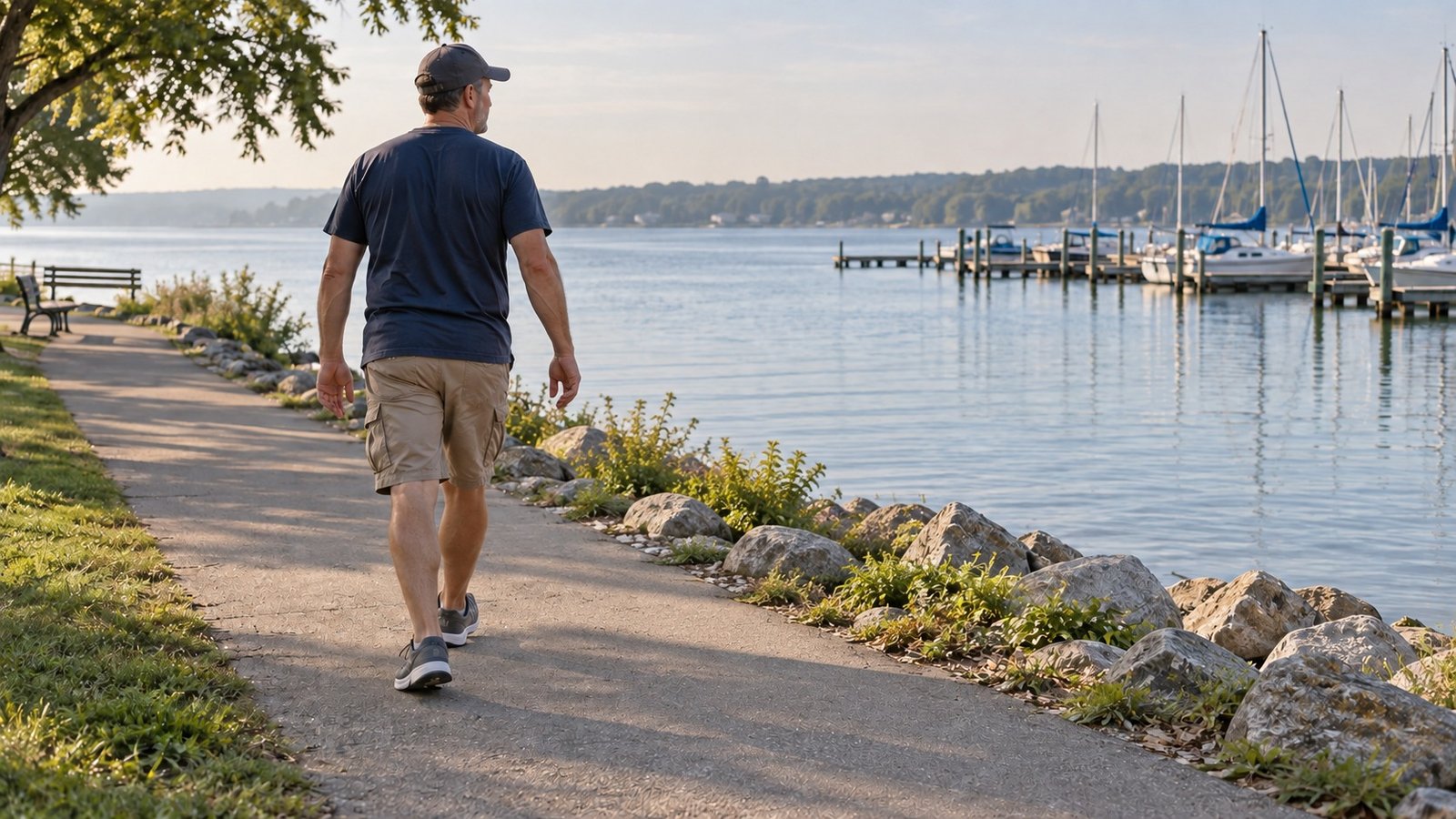 An adult walking a clear shoreline path beside rocks, water, a bench and distant boats.