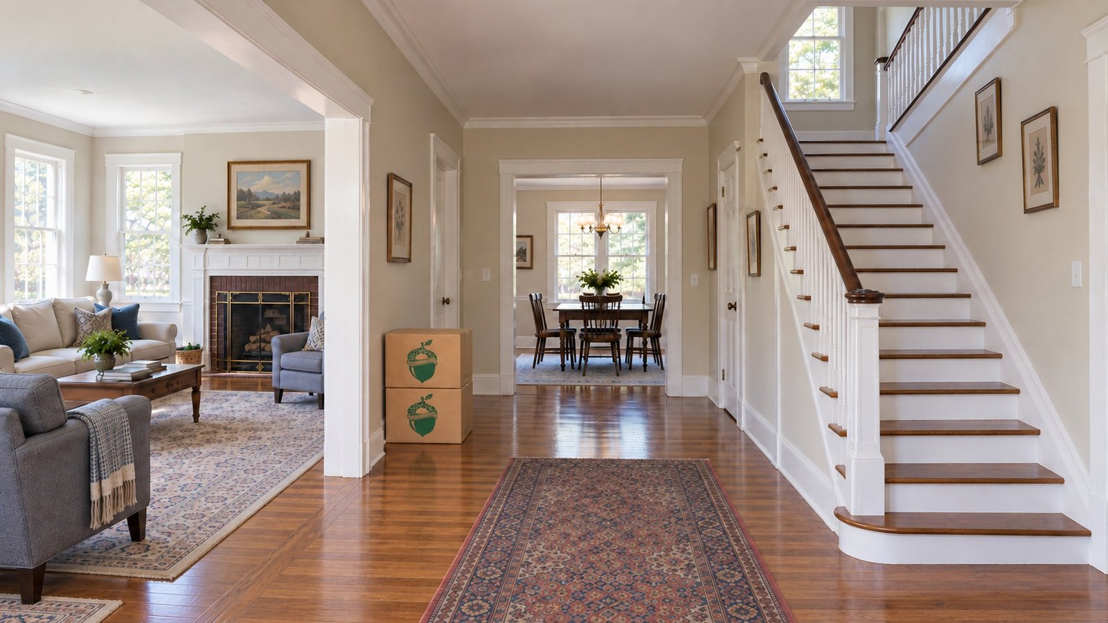 A colonial hall beside a staircase and dining passage, with two compact closed kraft Book cartons stacked at the wall.