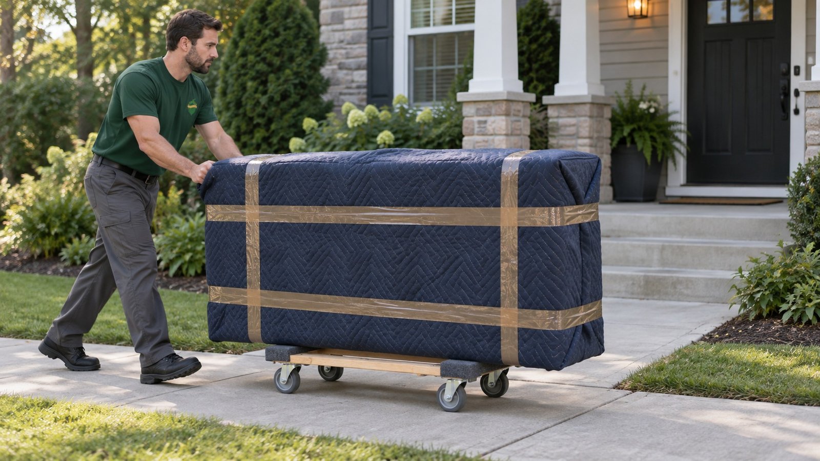 Protect the piece and support its base A male mover guiding a blanket-covered long dresser secured with brown tape on a short centred wooden dolly across level concrete.