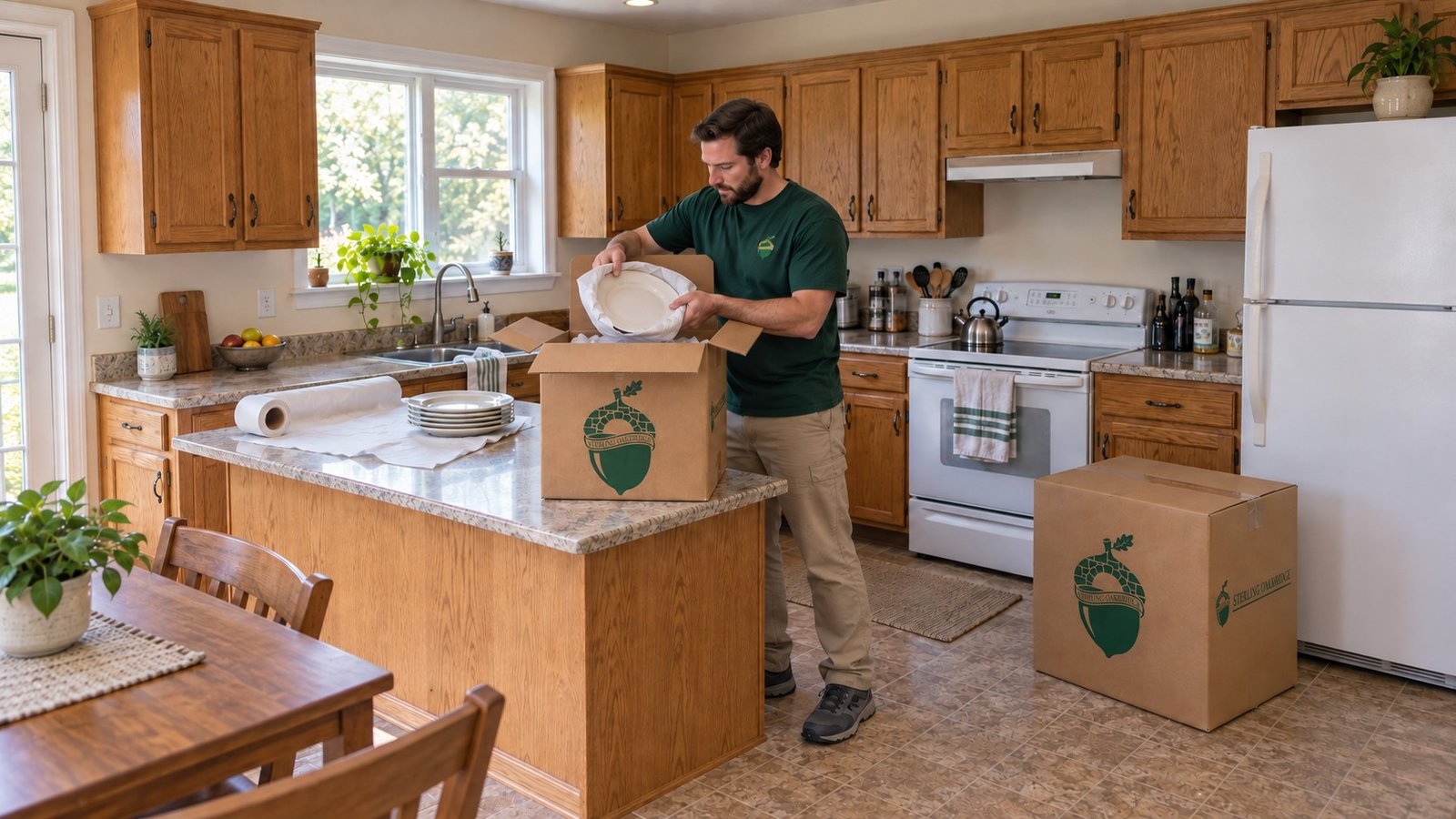 Pack one coherent fragile task A male mover cushioning one plate with paper above an open kraft China carton with four folding flaps, beside a matching closed carton.