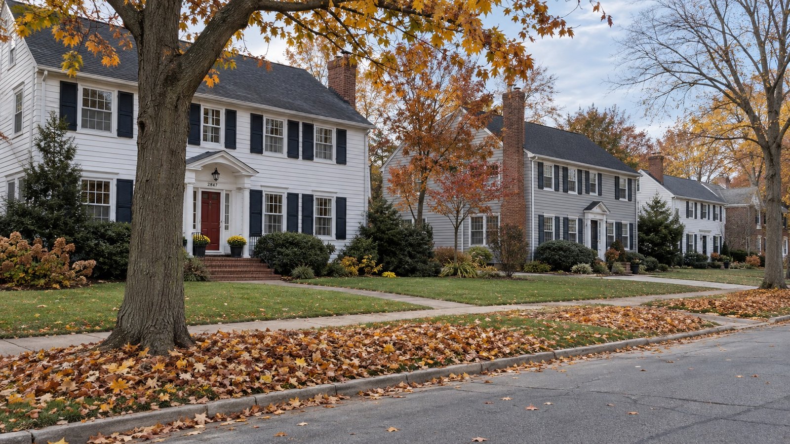 Autumn leaves on a tree lawn beside a sidewalk and a central colonial home.