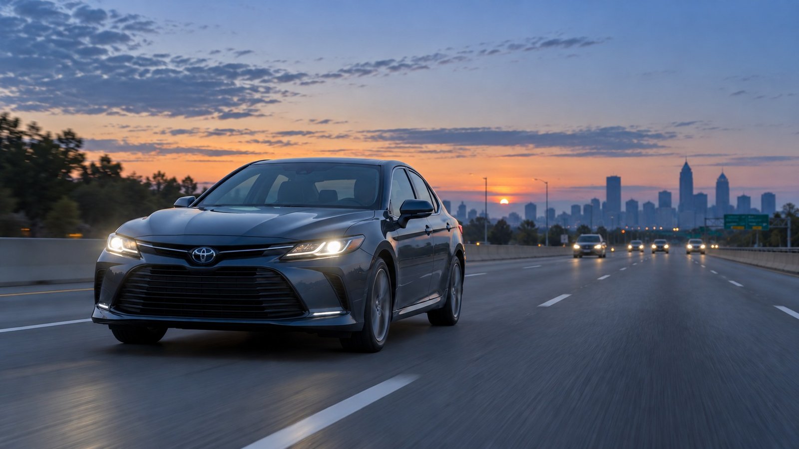 A whole gray sedan and coherent same-direction headlamp traffic on a multilane highway at blue hour.