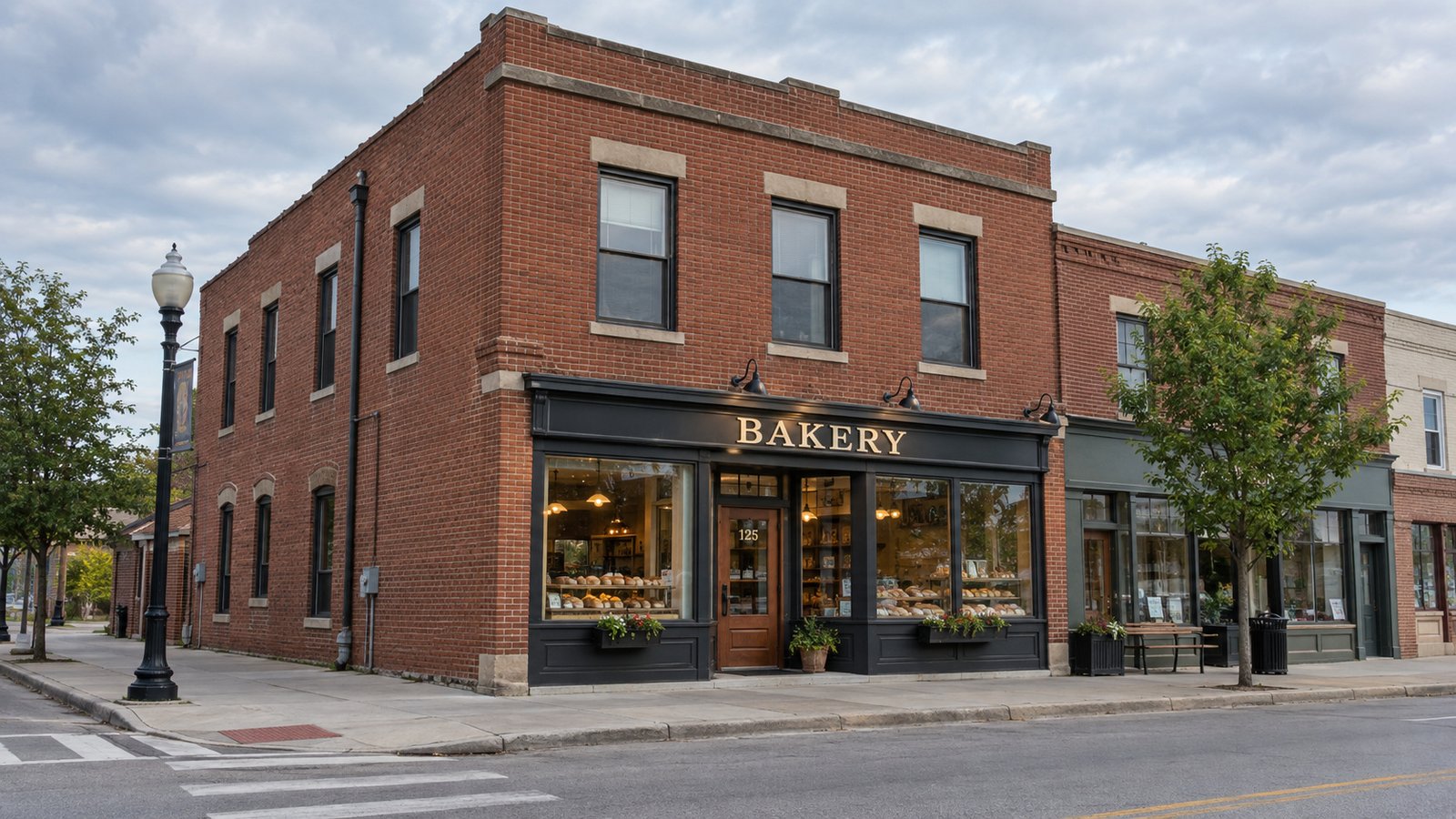 A neighborhood bakery storefront Two-story brick bakery on a corner with a glass storefront door and continuous sidewalk