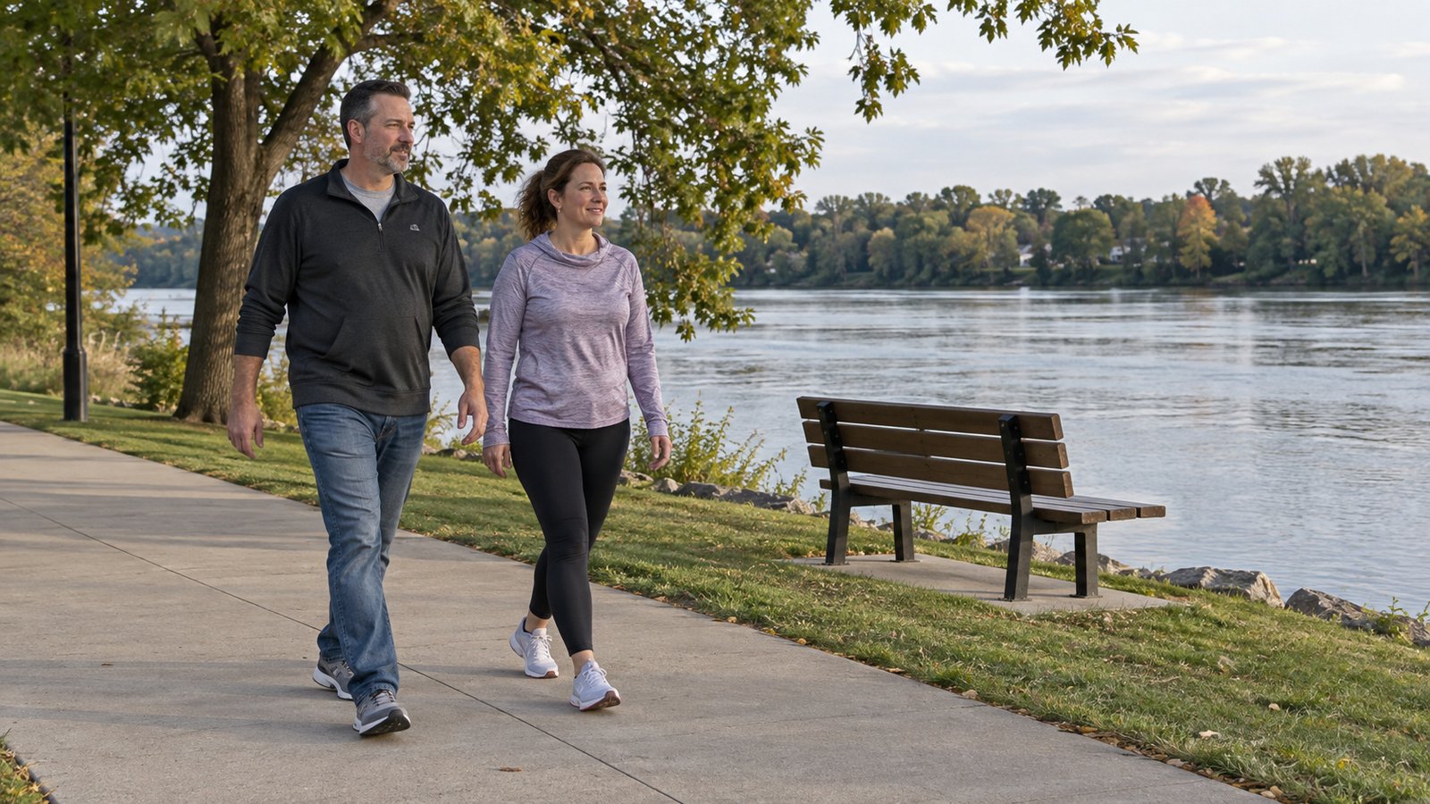 A walk beside the river Two adults walk along a paved riverfront path beside a bench and trees