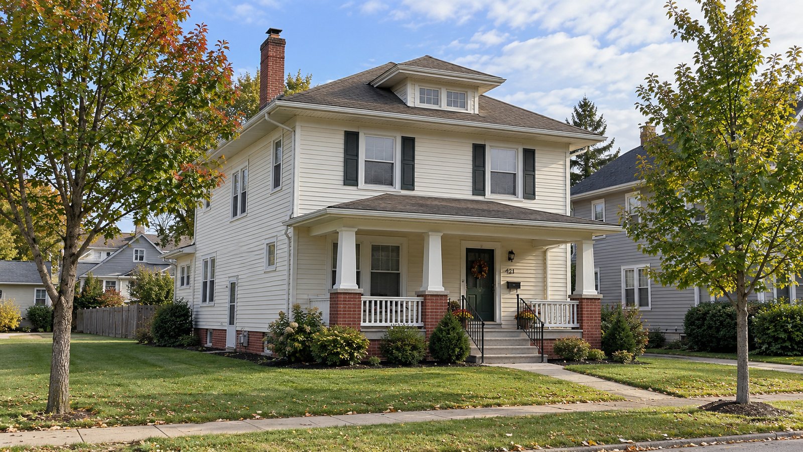 Cream two-story house with a hipped roof, brick porch posts and a paved front walk