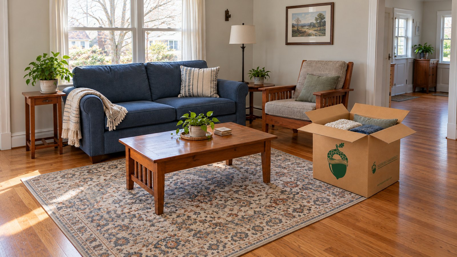 Planning the living room Blue sofa and wooden armchair beside a coffee table and open Sterling Oakbridge carton holding throws and a cushion