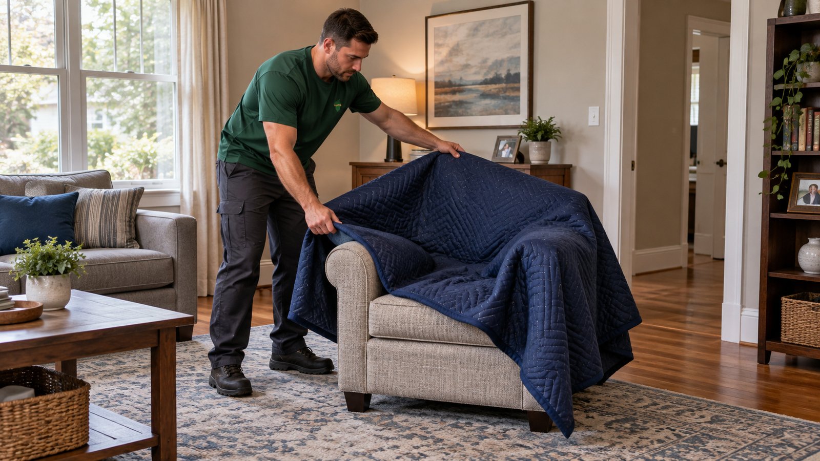 Male Sterling Oakbridge mover drapes a blue quilted moving blanket over an upholstered armchair