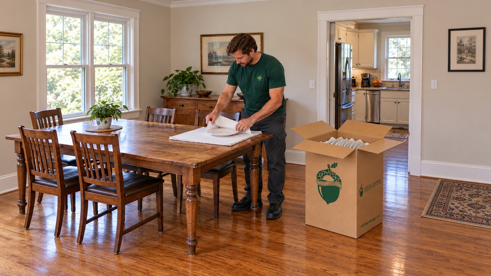 Male Sterling Oakbridge mover folds white packing paper around a plate beside a tall carton holding wrapped plates