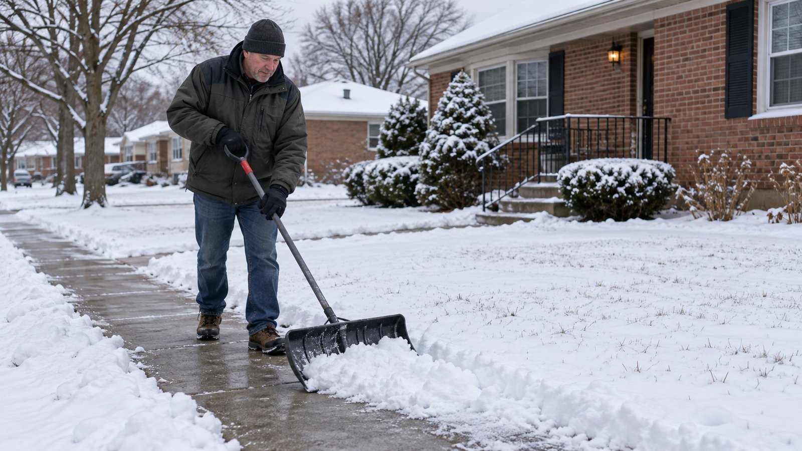 Clearing the sidewalk Resident in winter clothing pushes a wide snow shovel along a partly cleared residential sidewalk