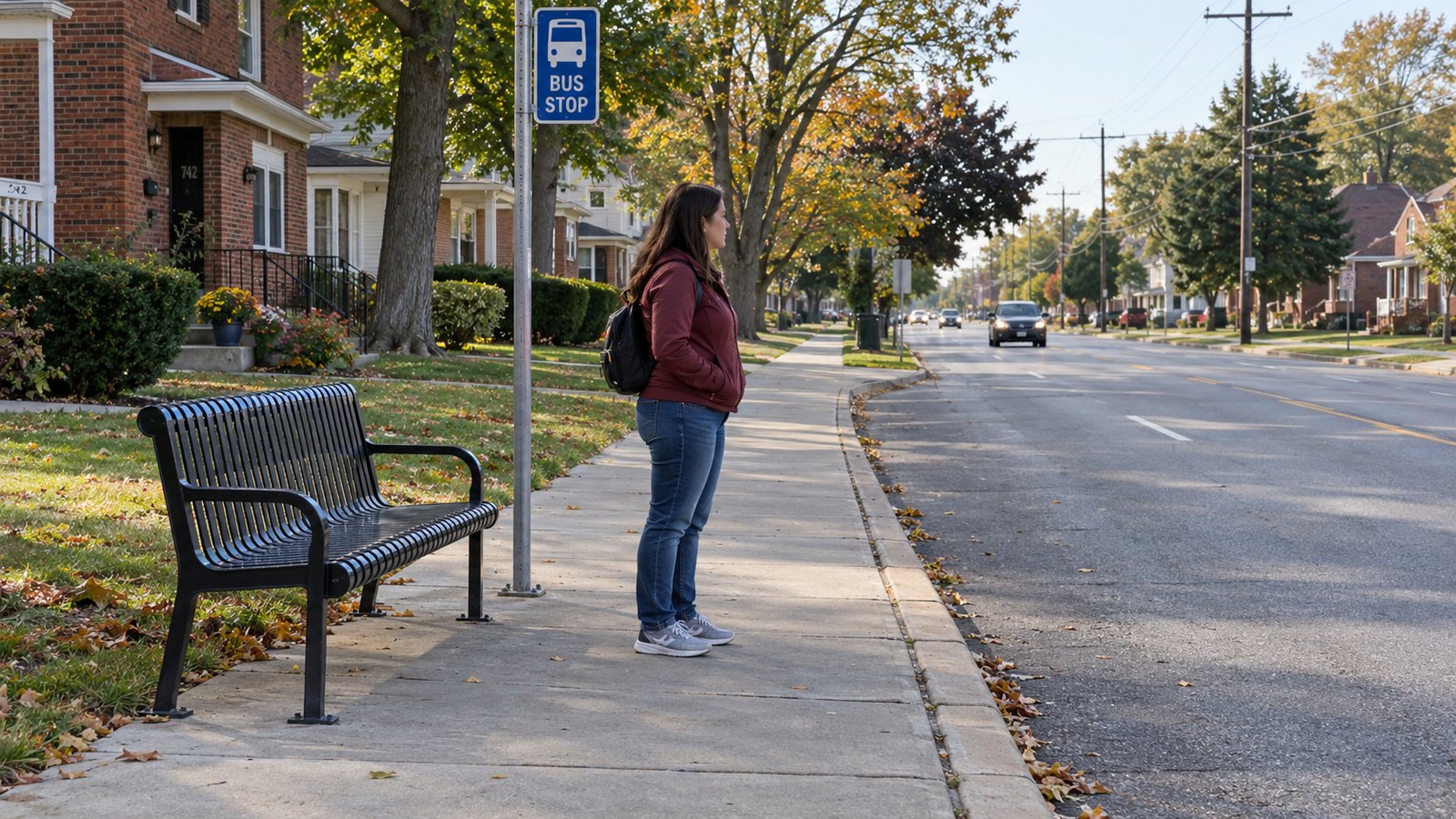 Waiting for a bus Woman with a backpack waits beside a bus-stop bench on a broad sidewalk along a residential street