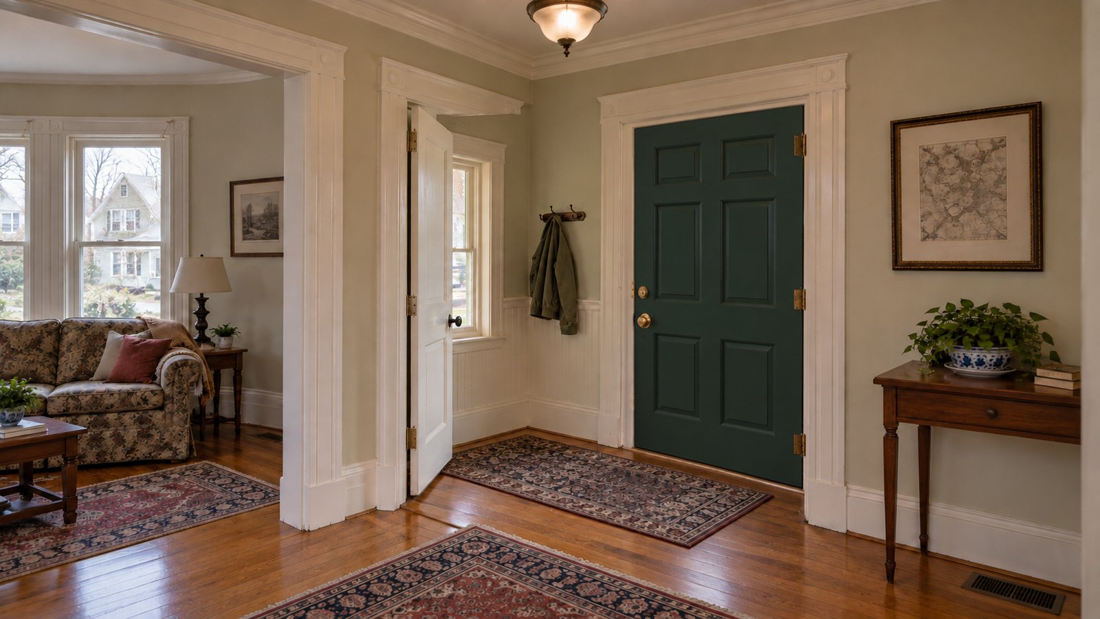 Inspecting the entry route An empty vestibule with a closed green front door, an open white inner door and a clear floor.