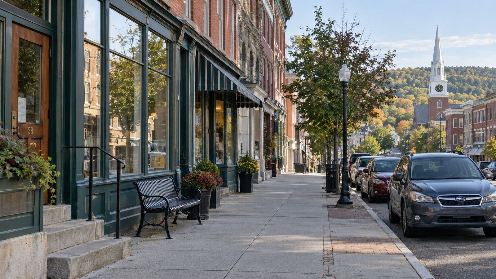 A historic downtown street Brick and stone storefronts beside a sidewalk, bench and parked cars.