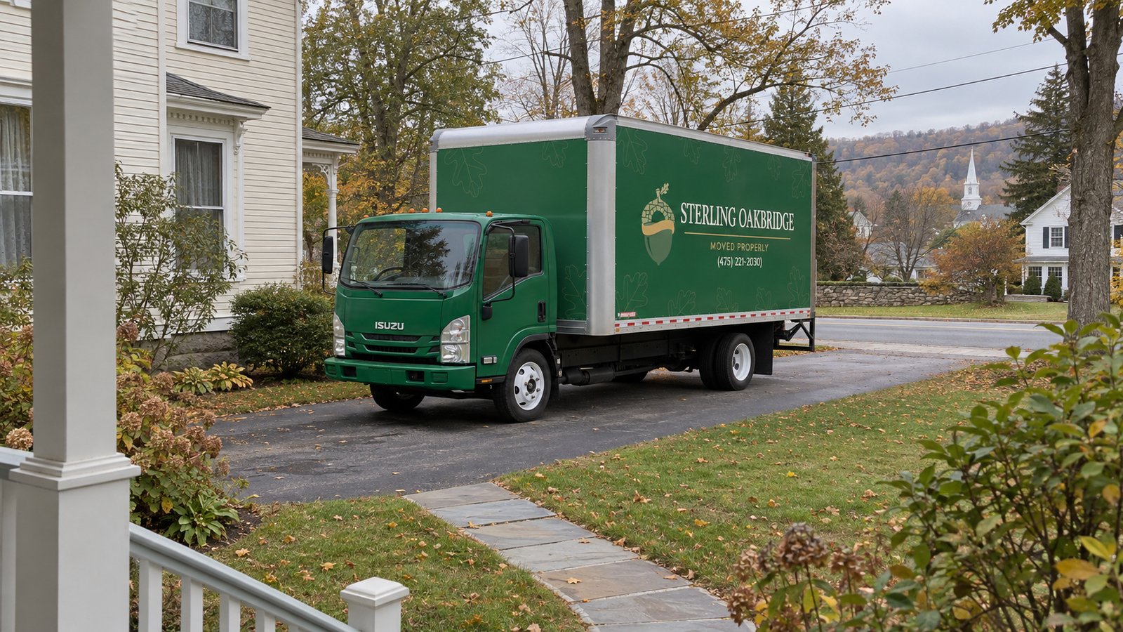 Planning the driveway position A dark green Sterling Oakbridge NPR box truck parked fully on a paved driveway beside an older house.