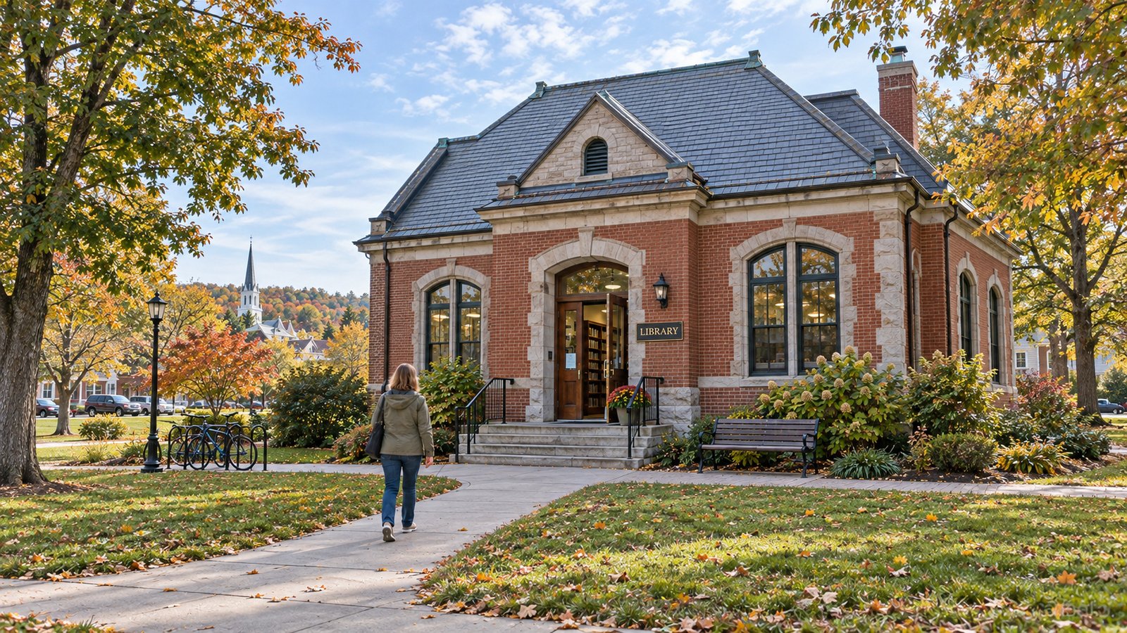 The library walk A woman walking toward a small brick library with an open entrance, steps and a bench beside the wall.