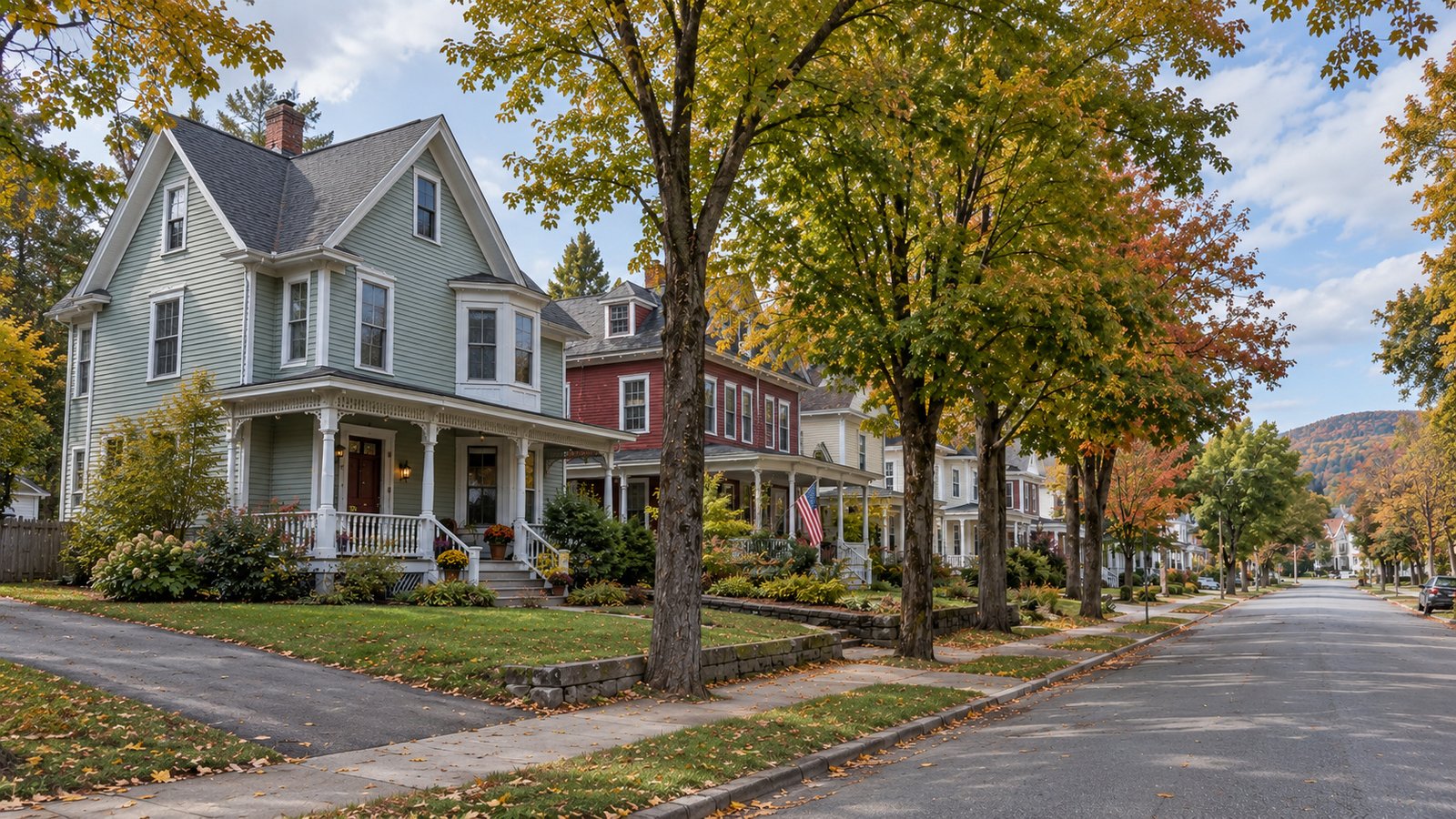 A tree-lined residential street Older houses with porches beside a tree-lined residential street in autumn.