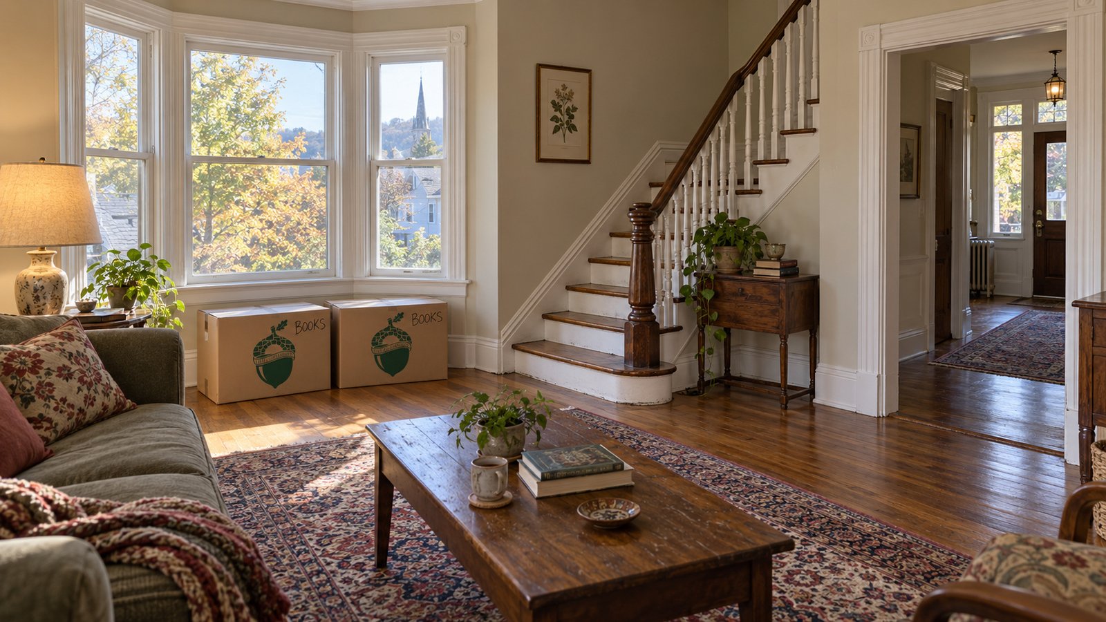 Inside an older house A furnished living room with a wooden staircase and two closed kraft cartons side by side beneath a bay window.