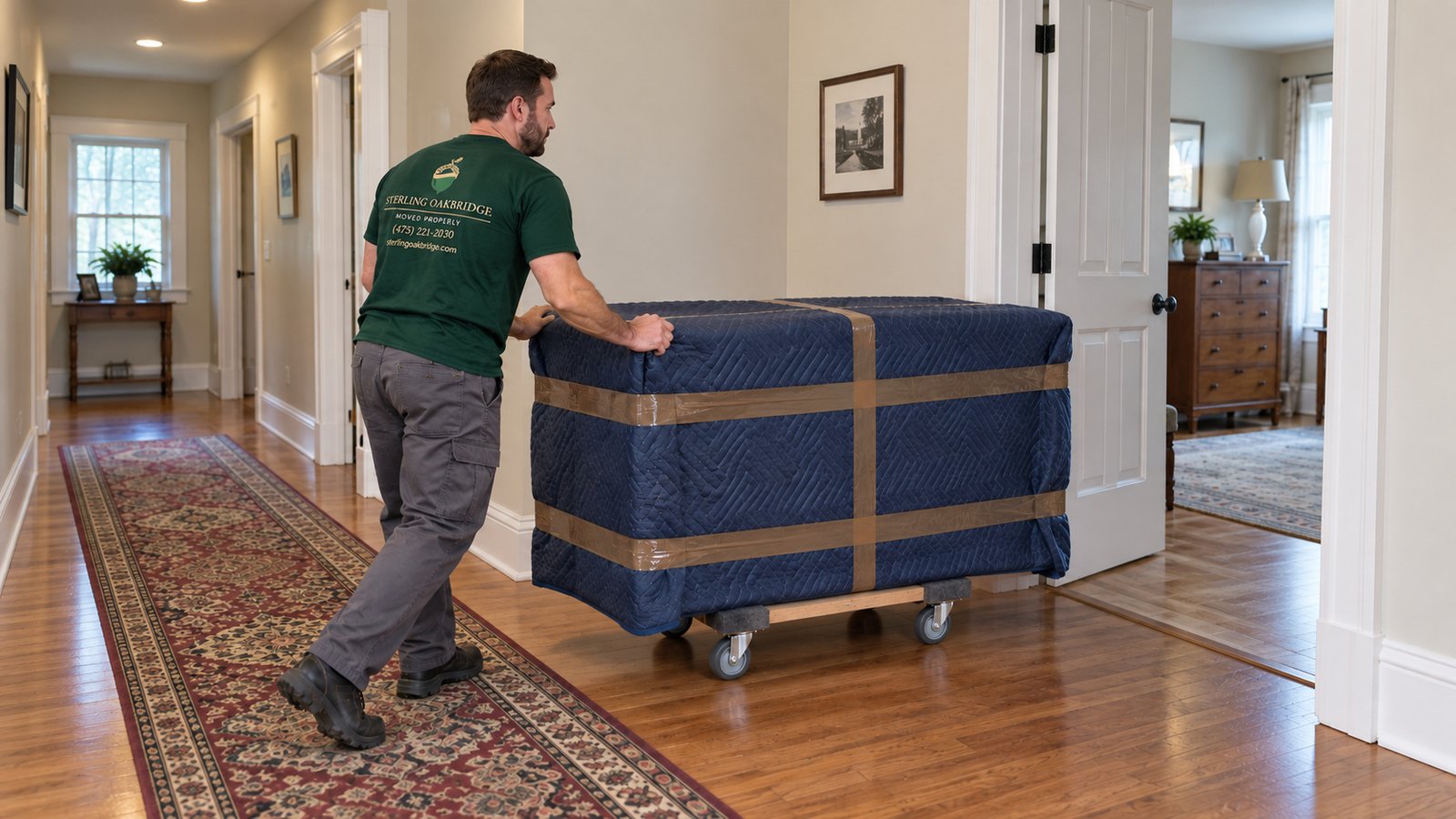 Moving a protected dresser A mover pushing a blanket-wrapped dresser on a compact furniture dolly along a level indoor hall.