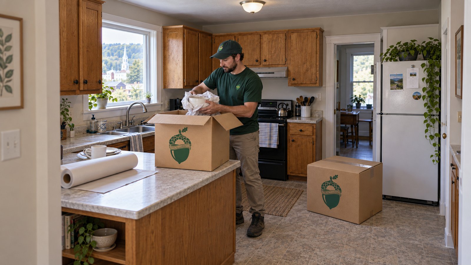 Packing the kitchen A mover wrapping a bowl in paper over an open kraft carton on a kitchen counter.