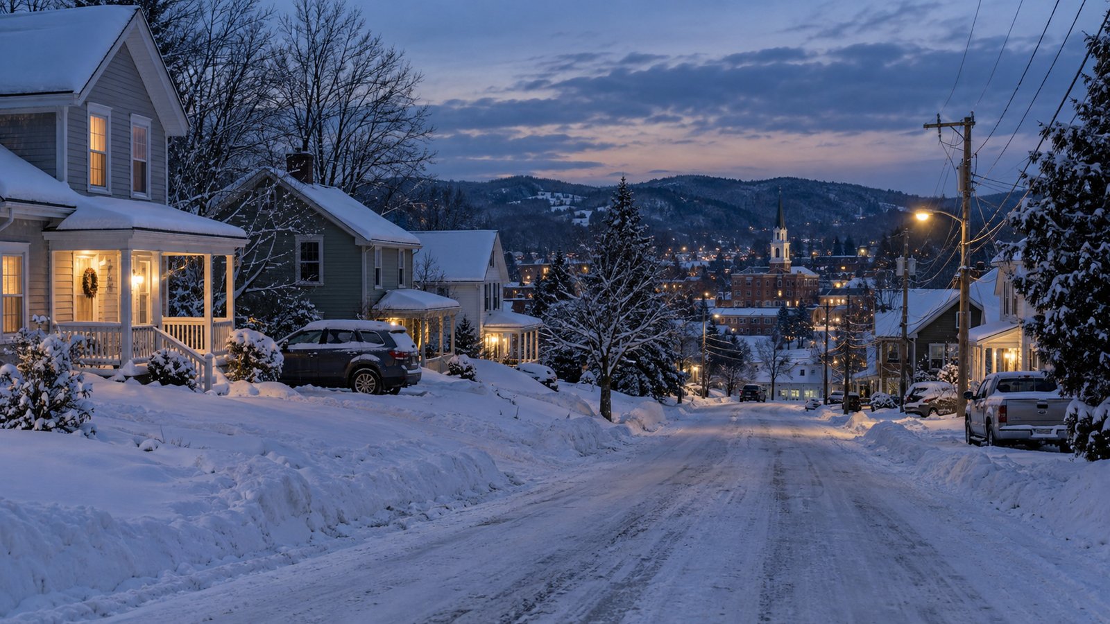 A winter evening A residential street at winter dusk, with snow on yards, driveway cars and warm porch lights.