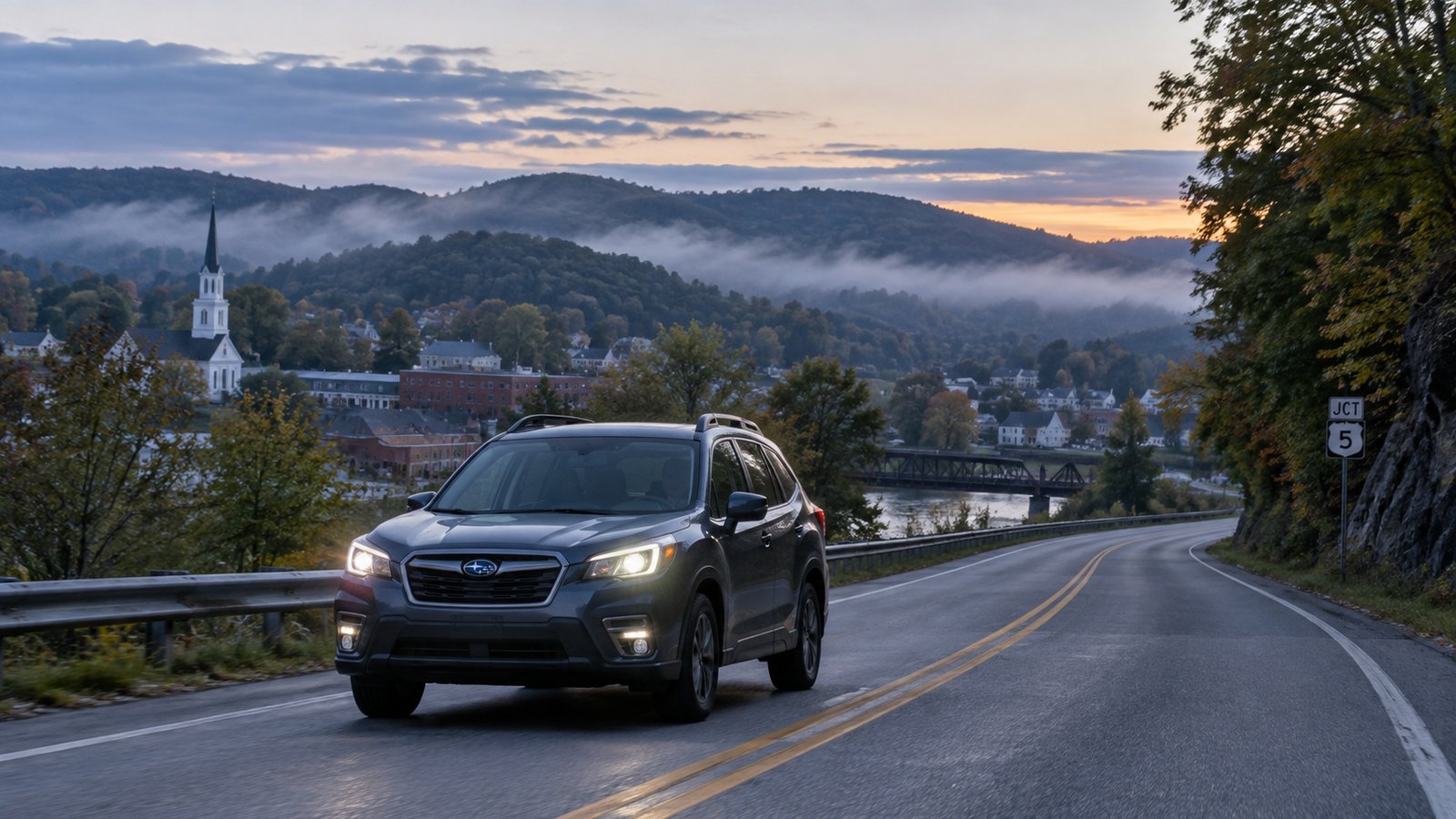 The road at dawn A car with headlights on following a two-lane valley road at dawn, with wooded hills beyond.