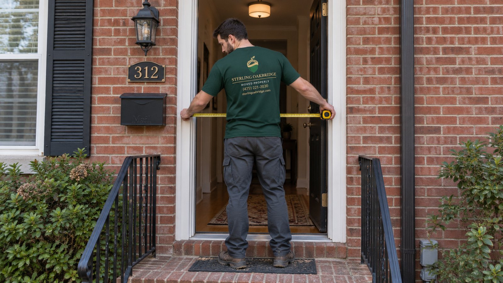 Measure the entry A male mover measuring the clear width of an open brick-house doorway.