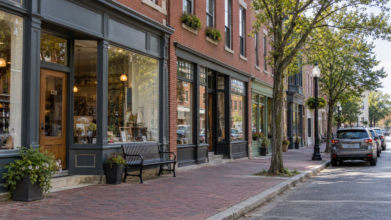 Brick storefronts, a bench and parked cars beside a small-city sidewalk.