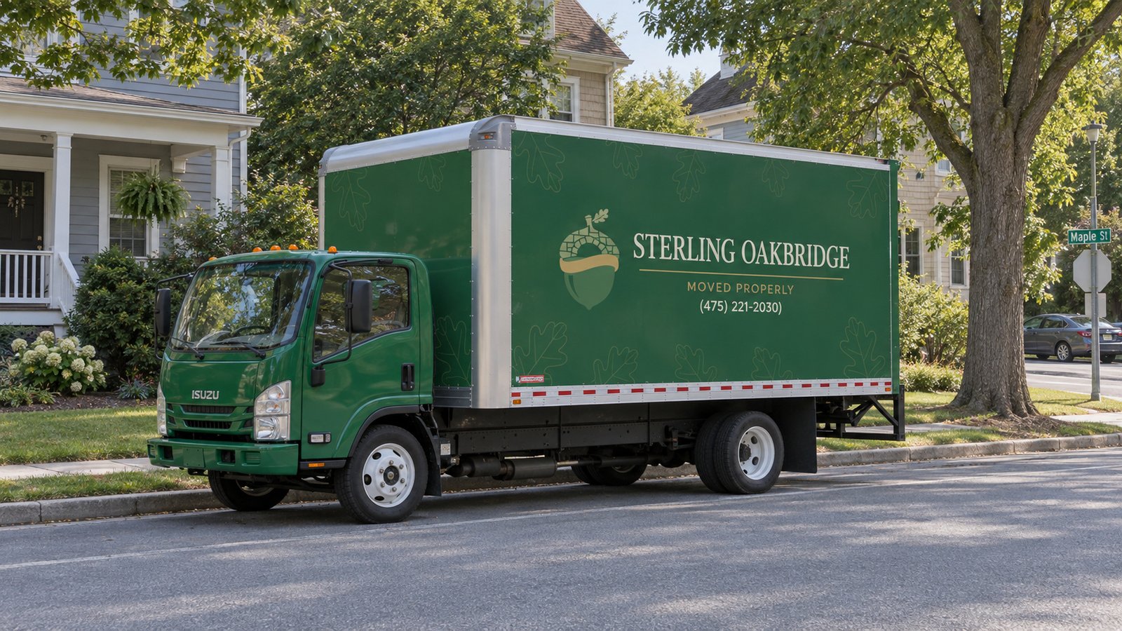Plan the truck position A green Sterling Oakbridge Isuzu NPR box truck parallel to the curb on a residential street.
