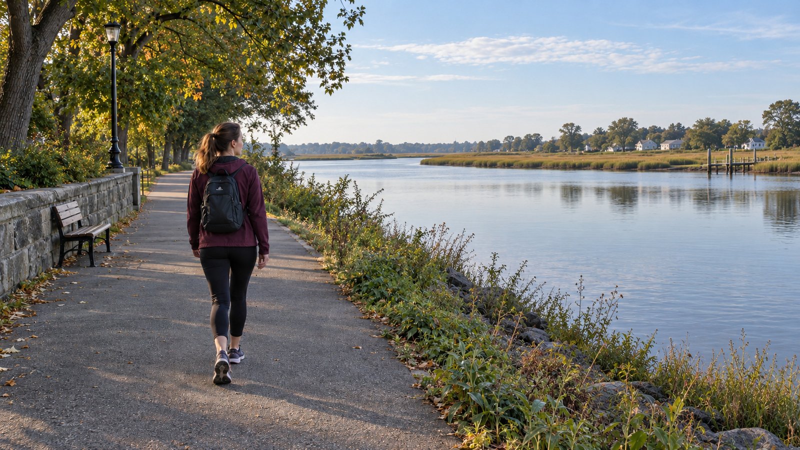 A woman walking a riverside path beside calm water, trees and a low marshy opposite bank.
