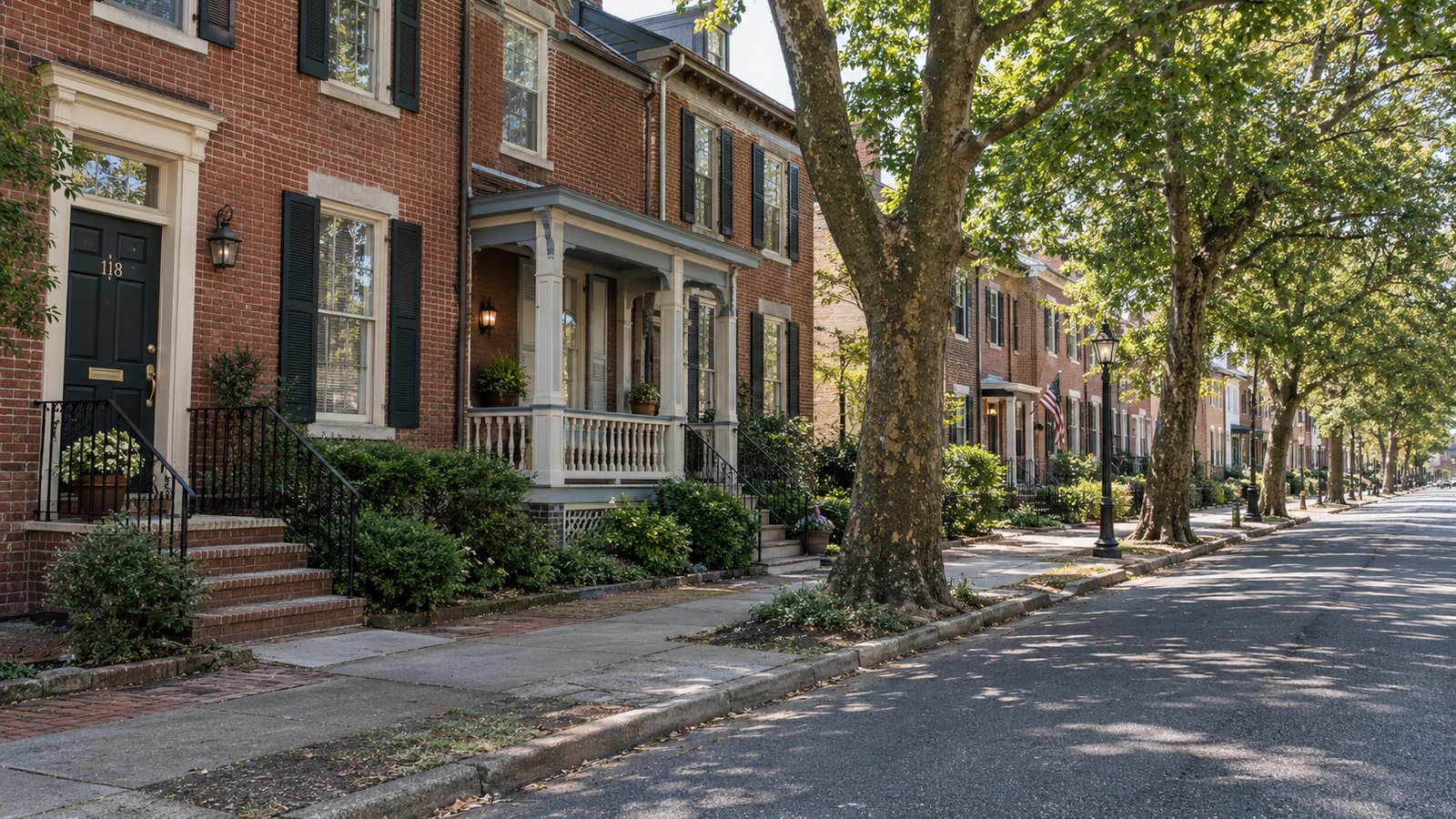 Read the street approach Brick residential street fronts with porches, steps and mature trees.