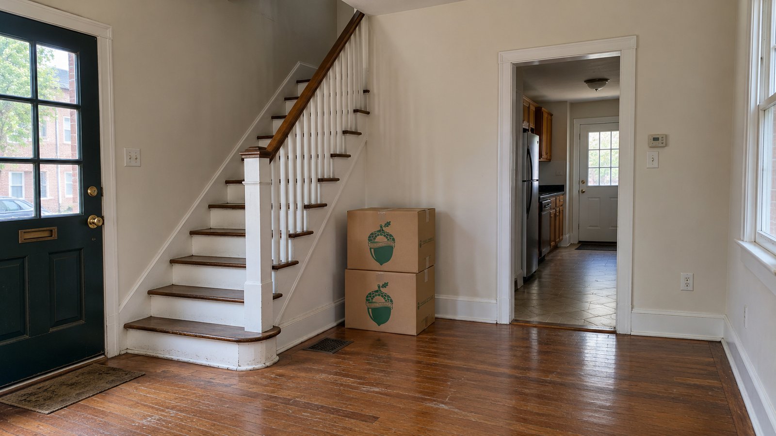 An entry hall with a narrow staircase, an open passage and two closed kraft cartons by the wall.