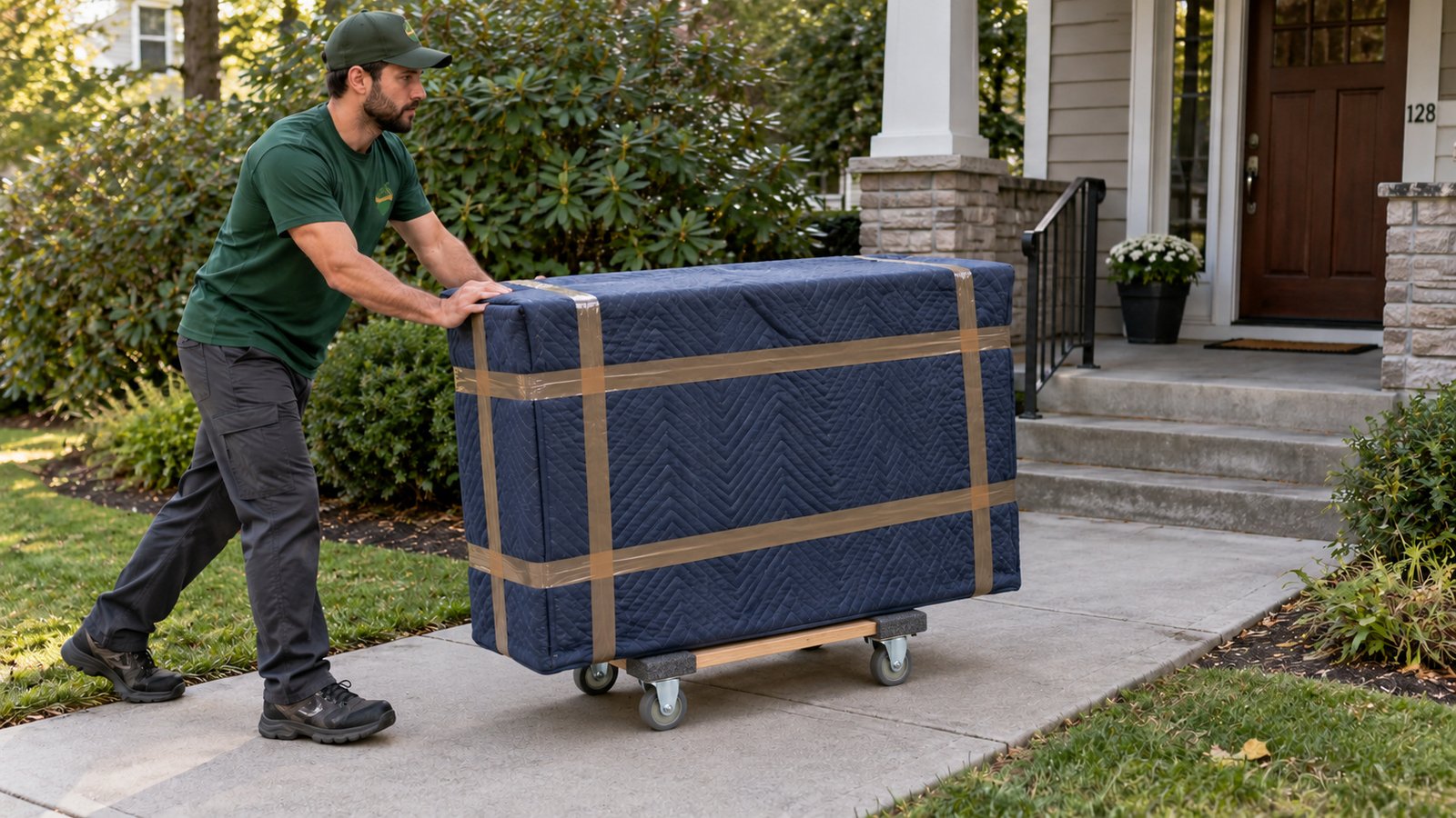 Protect and roll the dresser A male mover pushing a blanket-wrapped dresser on a compact furniture dolly along a level sidewalk.