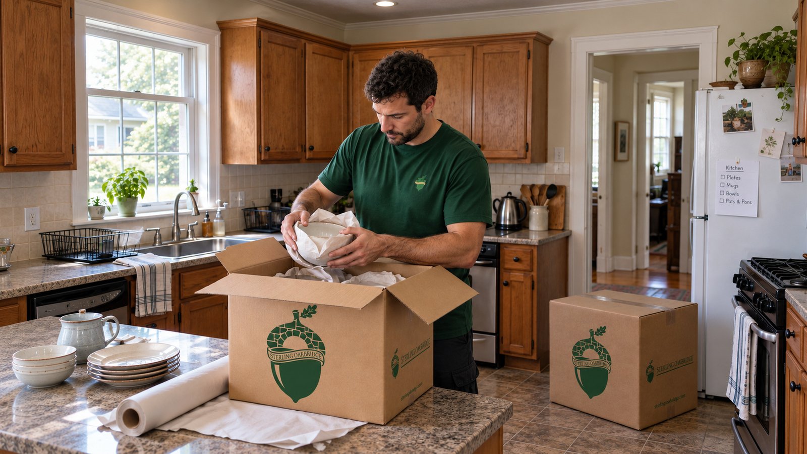 Pack one room at a time A male packing employee lowering a paper-wrapped bowl into an open kraft carton on a kitchen counter.