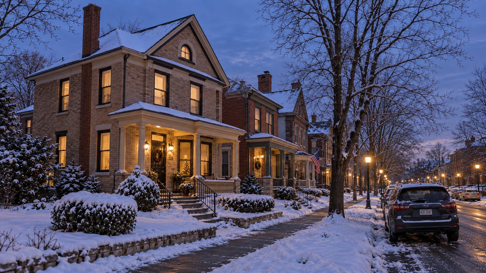 A snowy residential street at dusk with lit porches and cars parked beside the curb.