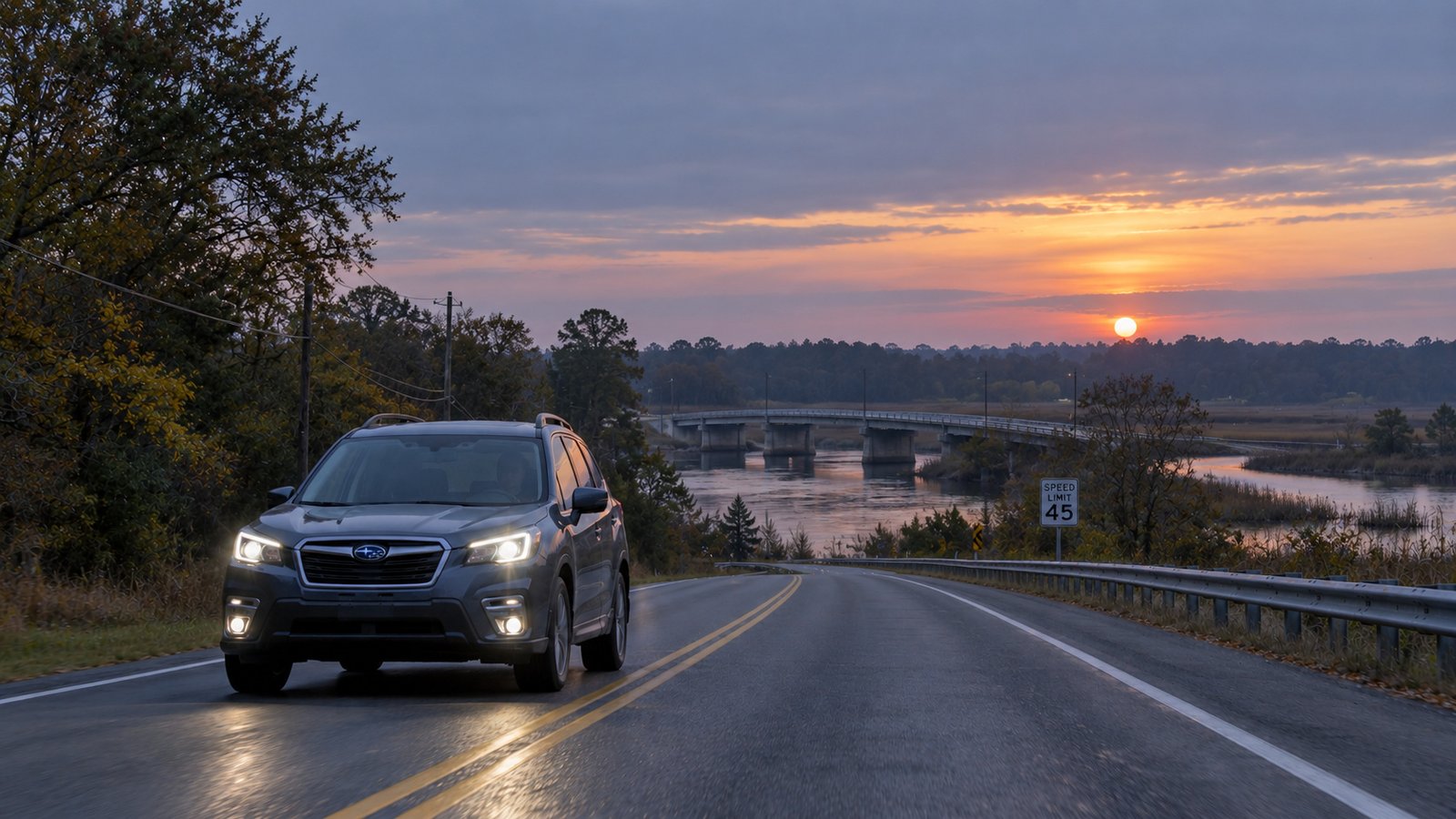 A car on a two-lane road at dawn beside a flat river landscape and a low bridge.